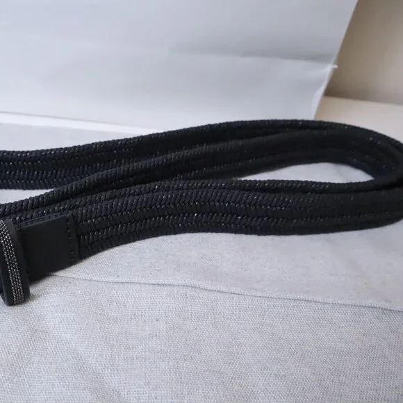 Brunello Cucinelli Belt Black Raffia Monili Leather Trim Stretch Size Medium - Picture 6 of 7